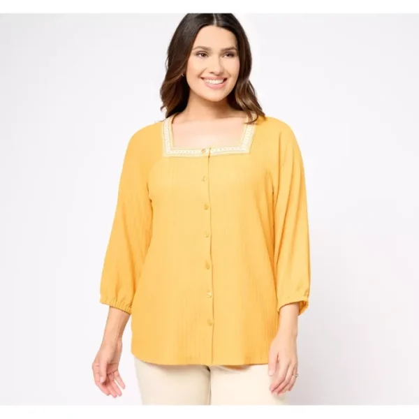 Shop All<Isaac Mizrahi Live! Textured Stretch Woven Button Blouse - a world of fashionable women's clothing, including a wide selection of dresses and trendy accessories.