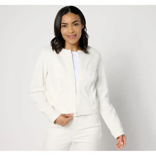 Shop All<Isaac Mizrahi Live! True Denim Crop Jacket w/ Braided Detail - a world of fashionable women's clothing, including a wide selection of dresses and trendy accessories.