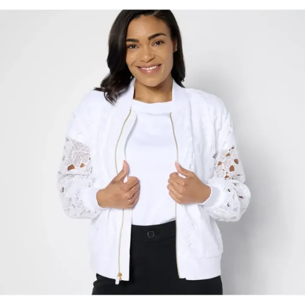 Shop All<Isaac Mizrahi Live! Zip Front Lace Bomber Jacket with Pockets - a world of fashionable women's clothing, including a wide selection of dresses and trendy accessories.