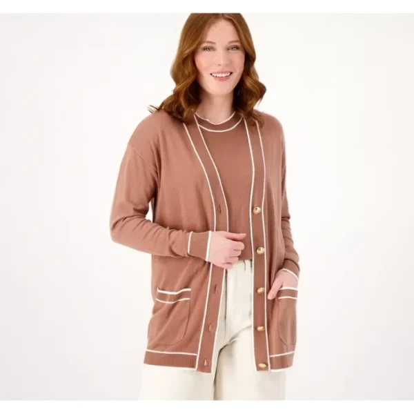 Shop All<Isaac Mizzrahi Live Relaxed Sweater Cardigan with Tipped Trim - a world of fashionable women's clothing, including a wide selection of dresses and trendy accessories.