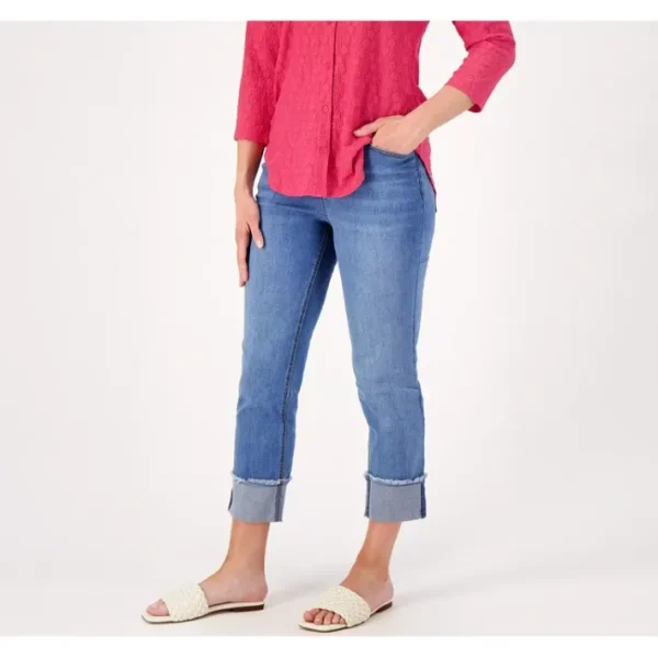 Shop All<Issac Mizrahi Live! Reg Indigo True Denim Crop Jeans w/ Cuff - a world of fashionable women's clothing, including a wide selection of dresses and trendy accessories.