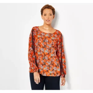 Dresses<J Jason Wu Long Sleeve Foil Print Woven Blouse w/ Lace Trim - a world of fashionable women's clothing, including a wide selection of dresses and trendy accessories.