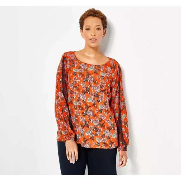 Dresses<J Jason Wu Long Sleeve Foil Print Woven Blouse w/ Lace Trim - a world of fashionable women's clothing, including a wide selection of dresses and trendy accessories.