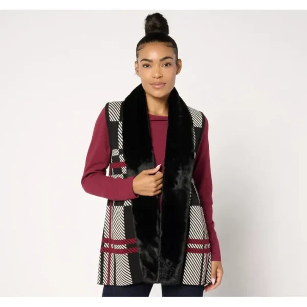 Fashion<Jacquard or Solid Faux Fur Trim Vest - a world of fashionable women's clothing, including a wide selection of dresses and trendy accessories.