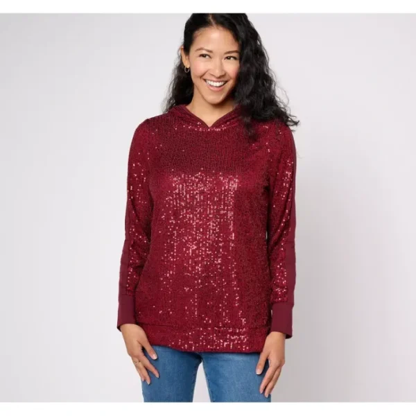 Shop All<Jingle Belles by Kim Gravel Sequin Front French Terry Hood Top - a world of fashionable women's clothing, including a wide selection of dresses and trendy accessories.