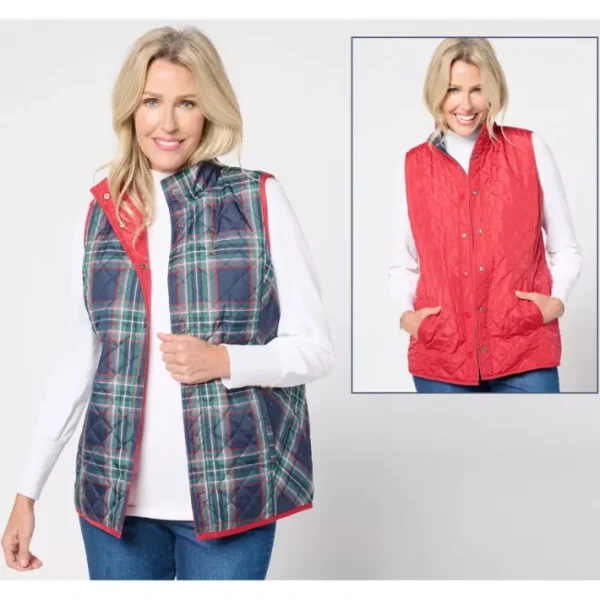 Shop All<Jingle Belles by Kim Gravel Tartan Reversibelle Vest - a world of fashionable women's clothing, including a wide selection of dresses and trendy accessories.