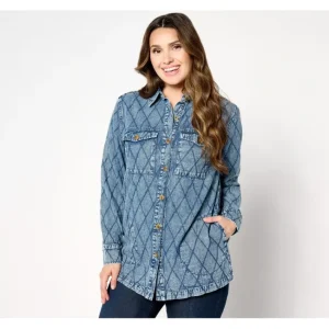 Fashion<Joan Rivers Cotton Denim Boyfriend Shirt with Diamond Stitch Detail - a world of fashionable women's clothing, including a wide selection of dresses and trendy accessories.