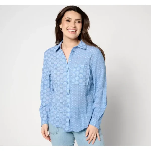 Shop All<Joan Rivers Mixed Print Boyfriend Shirt - a world of fashionable women's clothing, including a wide selection of dresses and trendy accessories.
