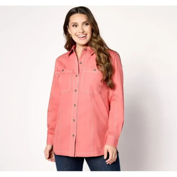 Shop All<Joan Rivers Solid Button Front Shirt with Topstitch - a world of fashionable women's clothing, including a wide selection of dresses and trendy accessories.
