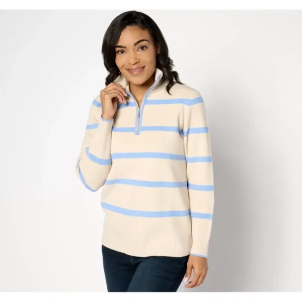 Fashion<Joan Rivers Striped Quarter Zip Long Sleeve Pullover - a world of fashionable women's clothing, including a wide selection of dresses and trendy accessories.