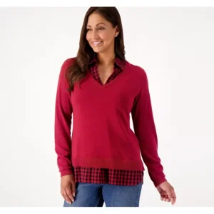 Dresses<Joan Rivers V-Neck Sweater with Check Flannel Detail - a world of fashionable women's clothing, including a wide selection of dresses and trendy accessories.