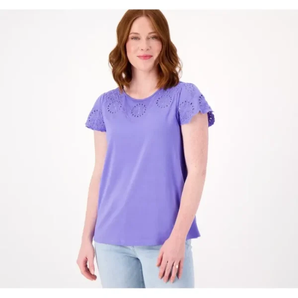 Shop All<Laurie Felt Cotton Bamboo Eyelet Flutter Sleeve Tee - a world of fashionable women's clothing, including a wide selection of dresses and trendy accessories.