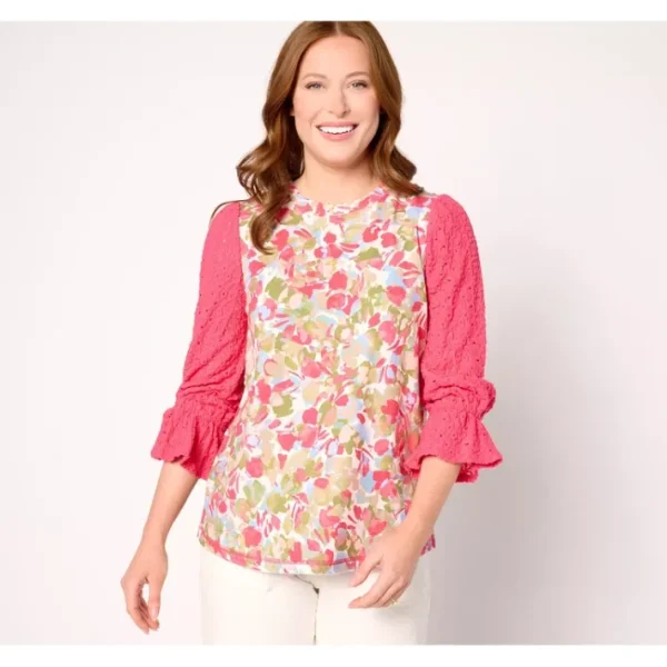 Shop All<LOGO by Lori Goldstein 3/4 Sleeve Crew Lace Sleeve Top - a world of fashionable women's clothing, including a wide selection of dresses and trendy accessories.