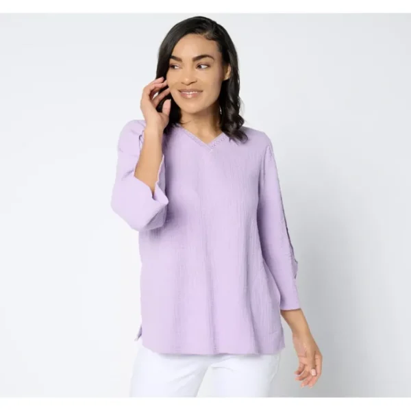 Shop All<LOGO by Lori Goldstein Beach to Street Double Cloth Top - a world of fashionable women's clothing, including a wide selection of dresses and trendy accessories.