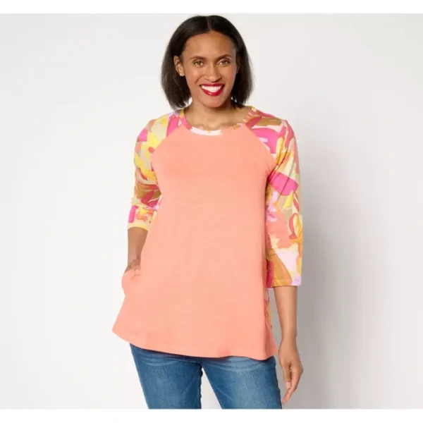 Shop All<LOGO by Lori Goldstein Cotton Slub Print Mix Swing Top - a world of fashionable women's clothing, including a wide selection of dresses and trendy accessories.