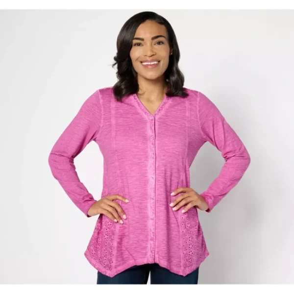 Shop All<LOGO by Lori Goldstein Distressed Cotton Cardigan with Eyelet - a world of fashionable women's clothing, including a wide selection of dresses and trendy accessories.