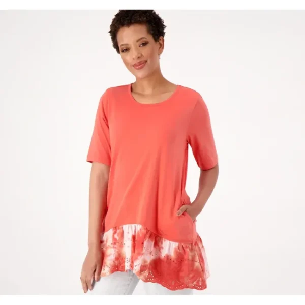 Shop All<LOGO by Lori Goldstein Elbow Sleeve Top with Tie Dye Eyelet - a world of fashionable women's clothing, including a wide selection of dresses and trendy accessories.