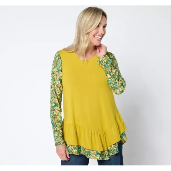 Shop All<LOGO by Lori Goldstein Long Sleeve Scoop Neck Lace Mix Top - a world of fashionable women's clothing, including a wide selection of dresses and trendy accessories.