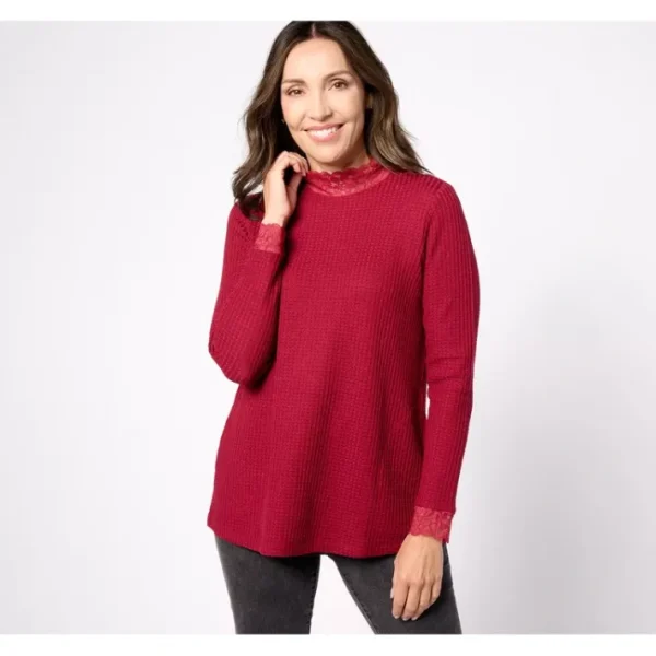Fashion<LOGO by Lori Goldstein Metallic Waffle Knit Mock Neck Top w/ Lace - a world of fashionable women's clothing, including a wide selection of dresses and trendy accessories.
