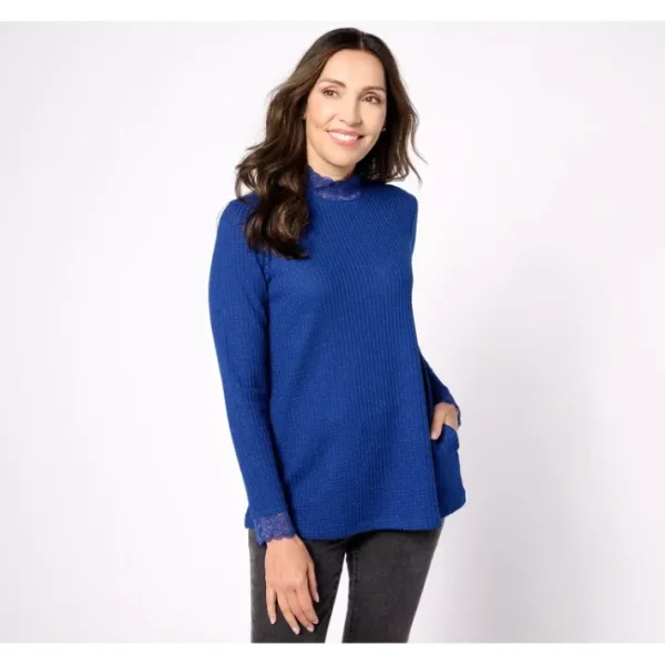 Fashion<LOGO by Lori Goldstein Metallic Waffle Knit Mock Neck Top with Lace - a world of fashionable women's clothing, including a wide selection of dresses and trendy accessories.