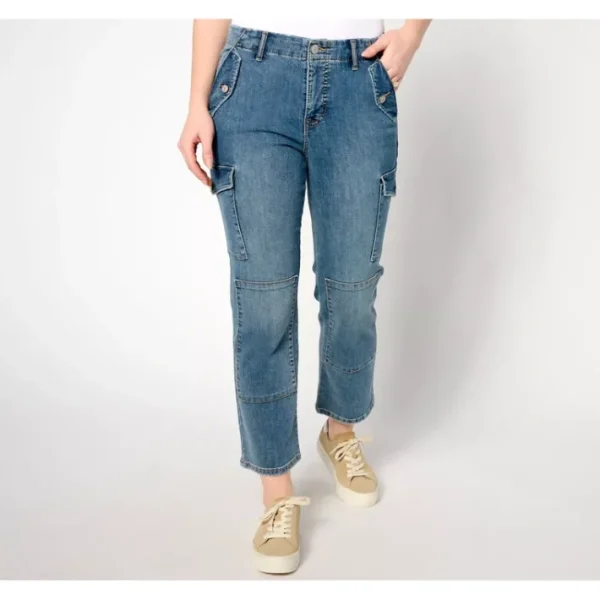 Shop All<LOGO by Lori Goldstein Petite Straight Leg Cargo Jeans - a world of fashionable women's clothing, including a wide selection of dresses and trendy accessories.
