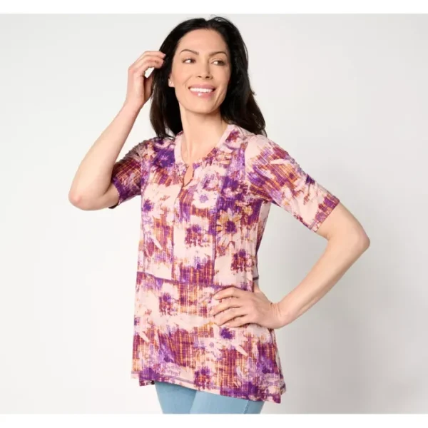 Shop All<LOGO by Lori Goldstein Printed Knit Elbow Sleeve Top - a world of fashionable women's clothing, including a wide selection of dresses and trendy accessories.