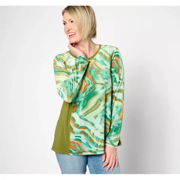 Shop All<LOGO by Lori Goldstein Printed Velour Scoop Neck Pieced Top - a world of fashionable women's clothing, including a wide selection of dresses and trendy accessories.