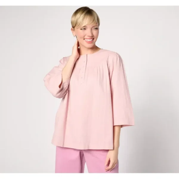 Shop All<LOGO by Lori Goldstein Textured Woven Peasant Top - a world of fashionable women's clothing, including a wide selection of dresses and trendy accessories.