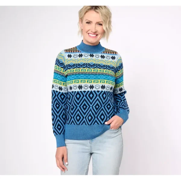 Shop All<LOGO by Lori Goldstein x Smiley World Mock Neck Sweater - a world of fashionable women's clothing, including a wide selection of dresses and trendy accessories.