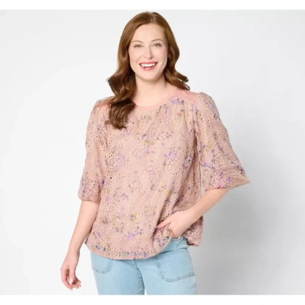 Fashion<LOGO Lavish by Lori Goldstein 3/4 Sleeve Scoop Neck Lace Top - a world of fashionable women's clothing, including a wide selection of dresses and trendy accessories.