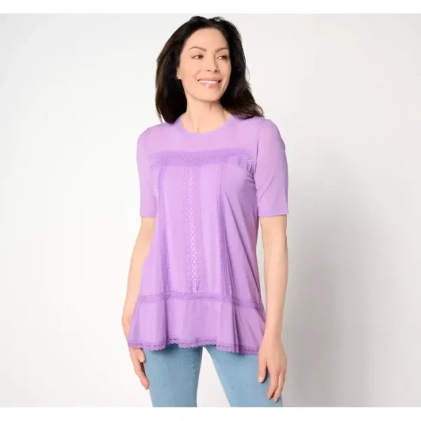 Shop All<LOGO Lavish by Lori Goldstein Elbow Sleeve Top witj Mesh Lace - a world of fashionable women's clothing, including a wide selection of dresses and trendy accessories.