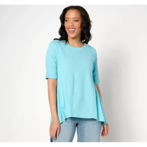 LOGO Lavish by Lori Goldstein Eyelet Elbow Sleeve Blouse - a world of fashionable women's clothing, including a wide selection of dresses and trendy accessories.> Hat