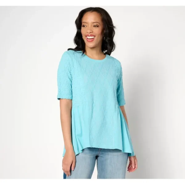 LOGO Lavish by Lori Goldstein Eyelet Elbow Sleeve Blouse - a world of fashionable women's clothing, including a wide selection of dresses and trendy accessories.> Hat