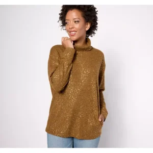 Fashion<LOGO Lounge by Lori Goldstein Foil Print Knit Turtleneck Top - a world of fashionable women's clothing, including a wide selection of dresses and trendy accessories.