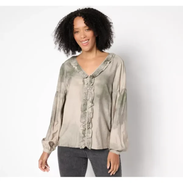 Shop All<Me by Jennie Garth Bodie Printed Blouse with Ruffle Neckline - a world of fashionable women's clothing, including a wide selection of dresses and trendy accessories.