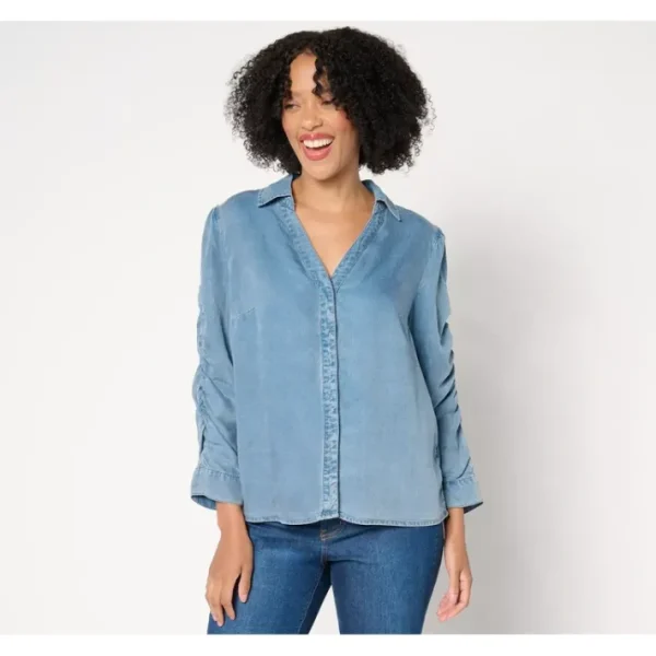 Shop All<Me by Jennie Garth Denim Shirt with Ruched Sleeve Detail - a world of fashionable women's clothing, including a wide selection of dresses and trendy accessories.