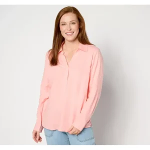 Fashion<Naturals Linen Blend Collared Split-V Popover - a world of fashionable women's clothing, including a wide selection of dresses and trendy accessories.