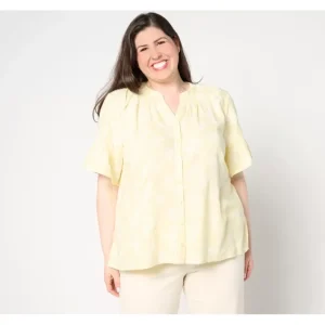 Fashion<Naturals Linen Blend Elbow Sleeve Printed Blouse - a world of fashionable women's clothing, including a wide selection of dresses and trendy accessories.