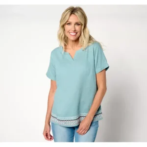 Fashion<Naturals Linen Blend Embroidered Split V Top - a world of fashionable women's clothing, including a wide selection of dresses and trendy accessories.
