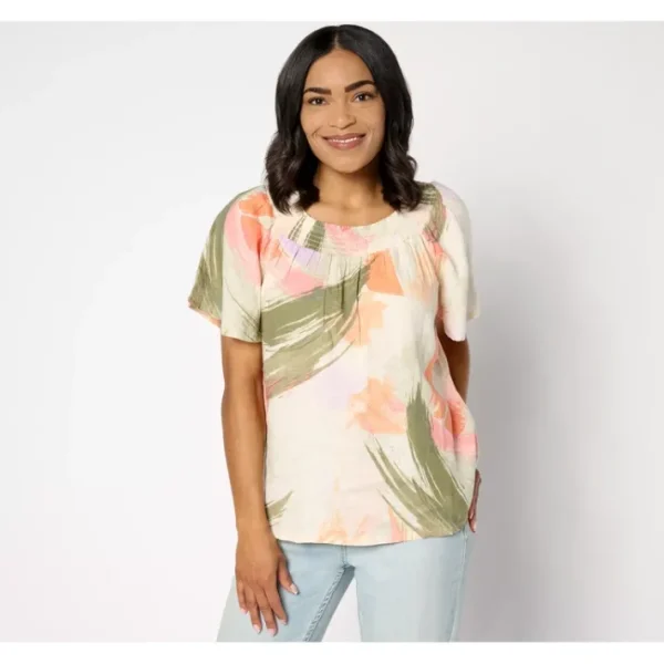 Fashion<Naturals Linen Blend Flutter Sleeve Smocked Blouse - a world of fashionable women's clothing, including a wide selection of dresses and trendy accessories.