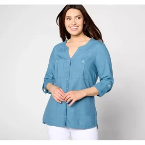 Fashion<Naturals Linen Blend Utility Pocket Button Front Shirt - a world of fashionable women's clothing, including a wide selection of dresses and trendy accessories.