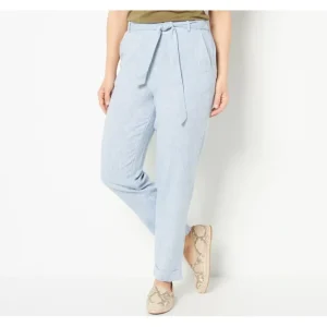 Fashion<Naturals Regular Linen Blend Self Belt Taper Leg Pants - a world of fashionable women's clothing, including a wide selection of dresses and trendy accessories.