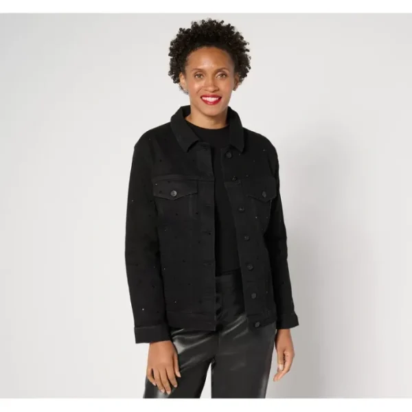 Shop All<nicole by Nicole Miller Boyfriend Denim Jacket-Black - a world of fashionable women's clothing, including a wide selection of dresses and trendy accessories.