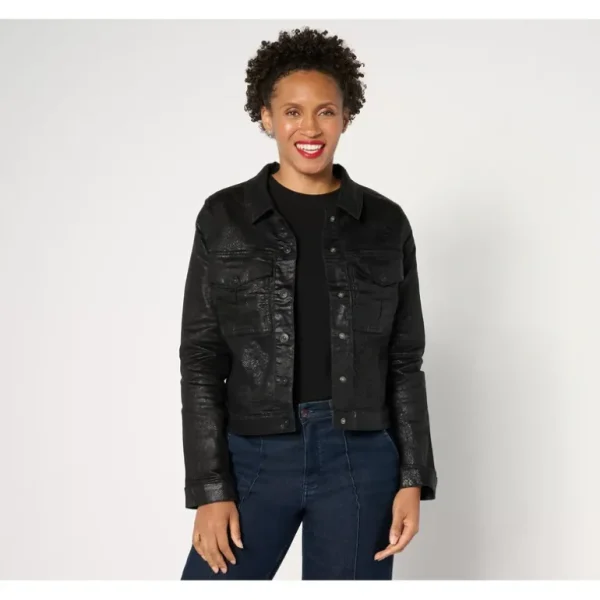nicole by Nicole Miller Coated Denim Jacket- Snake - a world of fashionable women's clothing, including a wide selection of dresses and trendy accessories.> Coats