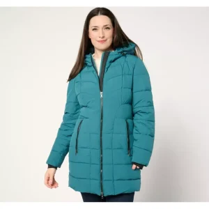 Nuage Stretch Puffer Coat with Attached Hood - a world of fashionable women's clothing, including a wide selection of dresses and trendy accessories.> Coats