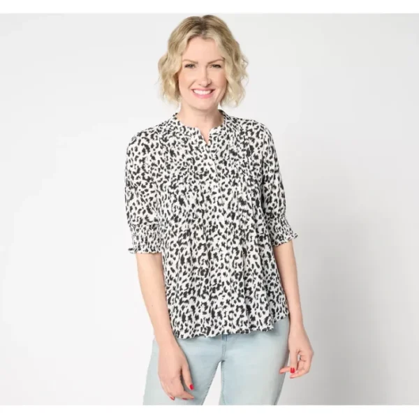 Shop All<NYDJ Short Sleeve Pleated Peasant Blouse- Gato - a world of fashionable women's clothing, including a wide selection of dresses and trendy accessories.