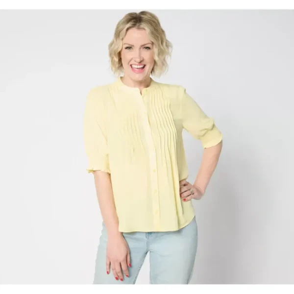 Shop All<NYDJ Short Sleeve Pleated Peasant Blouse- Yellow Daisy - a world of fashionable women's clothing, including a wide selection of dresses and trendy accessories.