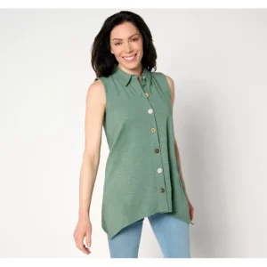 Fashion<Petite Texture-Knit Sharkbite Hem Button Tunic - a world of fashionable women's clothing, including a wide selection of dresses and trendy accessories.