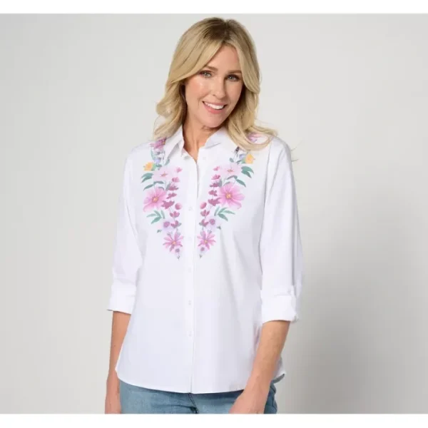 Fashion<Placed Floral Print Button-Front Shirt - a world of fashionable women's clothing, including a wide selection of dresses and trendy accessories.