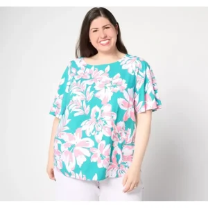 Fashion<Printed Boatneck Blouse w/ Flutter Sleeve - a world of fashionable women's clothing, including a wide selection of dresses and trendy accessories.
